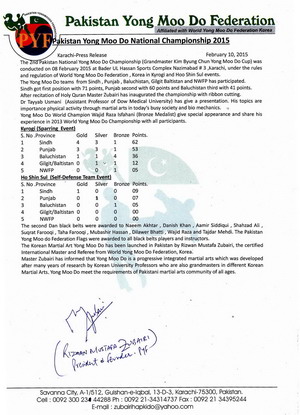 press release 2nd GRAND MASTER KIM BYUNG CHUNG YONGMOODO CHAMPIONSHIP 2015 successfully held at Badar ul Hasan Sports Complex, Karachi, Pakistan