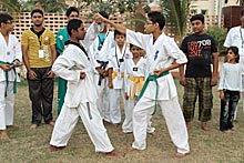 Yongmoodo punching blocking at Summer Camp